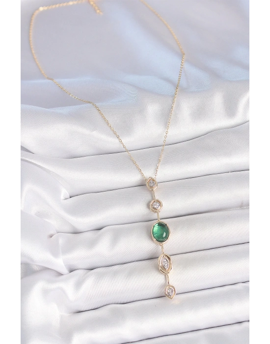 MuI MuI Pirinç Zincir Zümrüt Yeşil Gold Renk Zirkon Taşlı Y Kolye
