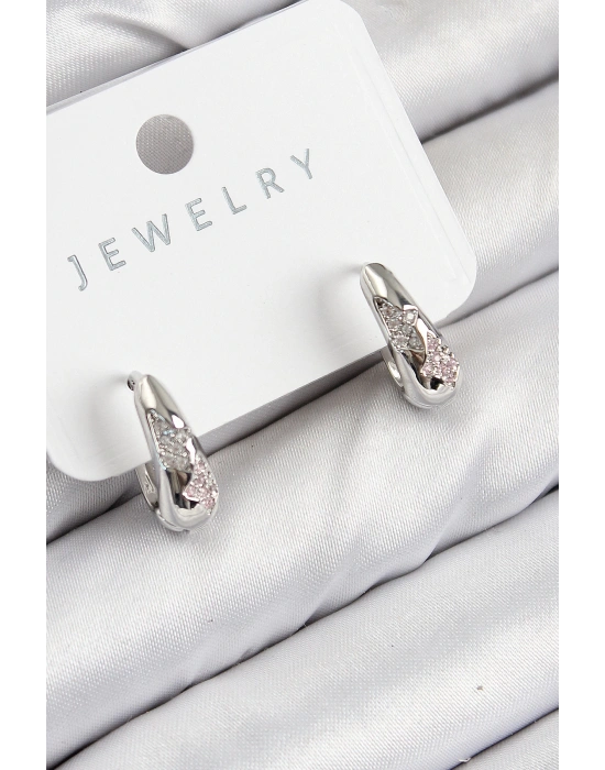 MuI MuI Pirinç Zirkon Taş Desenli Model Gümüş Renk Kadın Küpe