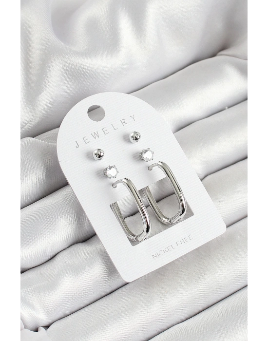 MuI MuI Pirinç Zirkon Taş Ve Dikdörtgen Figürlü Gümüş Renk 3lü Çift Kadın Küpe Set