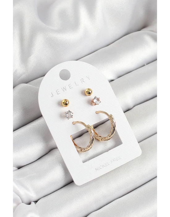 MuI MuI Pirinç Zirkon Taş Ve Halka Figürlü Gold Renk 3lü Çift Kadın Küpe Set