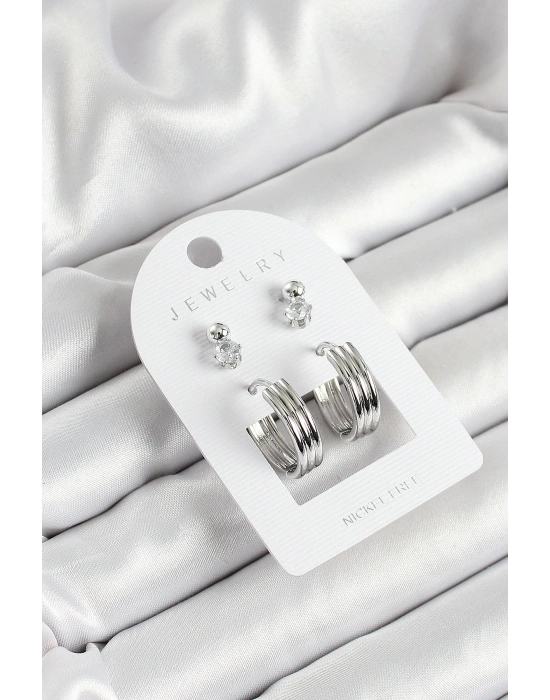 MuI MuI Pirinç Zirkon Taş Ve Halka Figürlü Gümüş Renk 3lü Çift Kadın Küpe Set