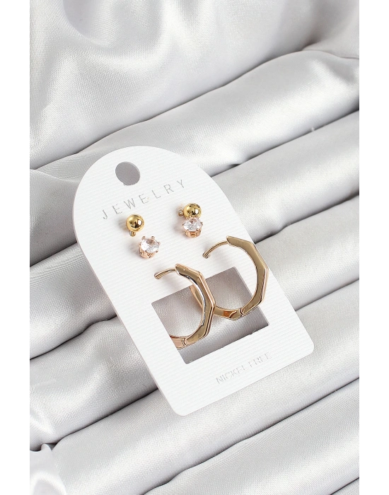 MuI MuI Pirinç Zirkon Taş Ve Kemik Halka Figürlü Gold Renk 3lü Çift Kadın Küpe Set