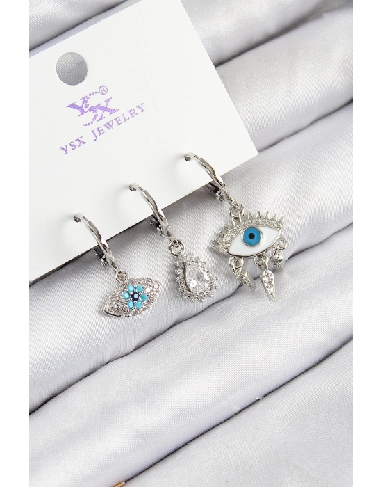 MuI MuI Pirinç Zirkon Taşlı 3lü Fatmanın Gözü Model Gümüş Renk Kadın Küpe