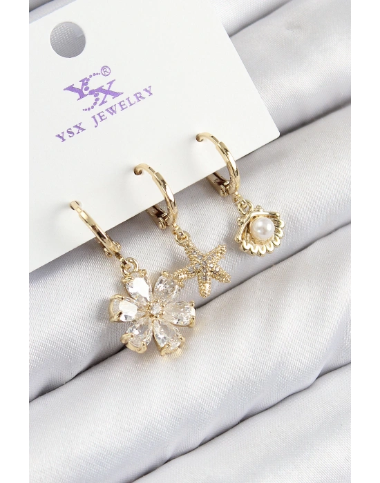 MuI MuI Pirinç Zirkon Taşlı 3lü İstiridye Ve Çiçek Model Gold Renk Kadın Küpe