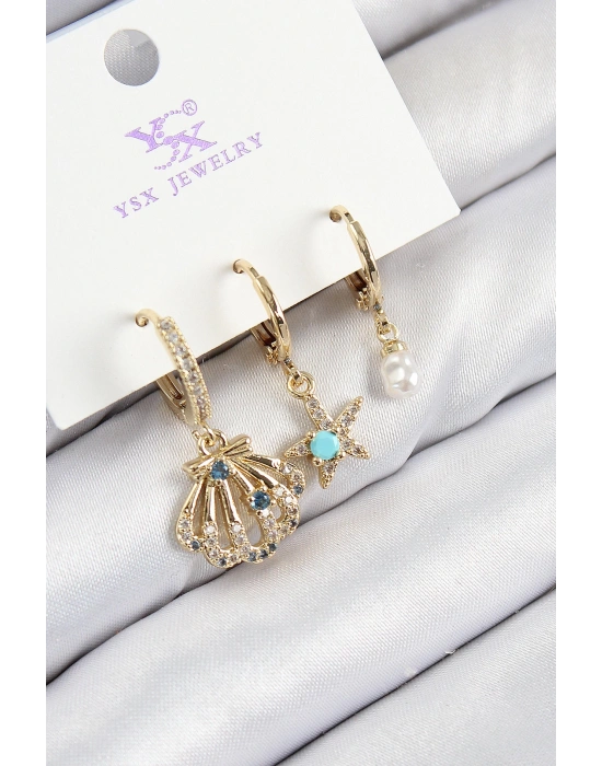 MuI MuI Pirinç Zirkon Taşlı 3lü İstiridye Ve Yıldız Model Gold Renk Kadın Küpe