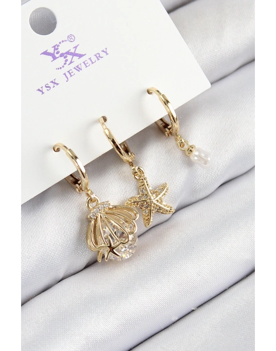 MuI MuI Pirinç Zirkon Taşlı 3lü İstiridye Ve Yıldız Model Gold Renk Kadın Küpe