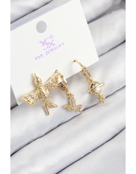 MuI MuI Pirinç Zirkon Taşlı 3lü Kuş Model Gold Renk Kadın Küpe