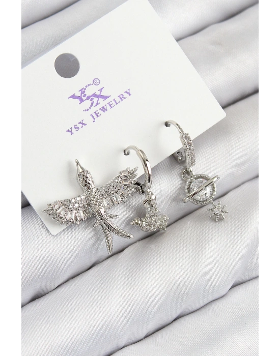 MuI MuI Pirinç Zirkon Taşlı 3lü Kuş Model Gümüş Renk Kadın Küpe