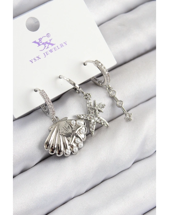 MuI MuI Pirinç Zirkon Taşlı 3lü Yıldız Ve İstiridye Model Gümüş Renk Kadın Küpe