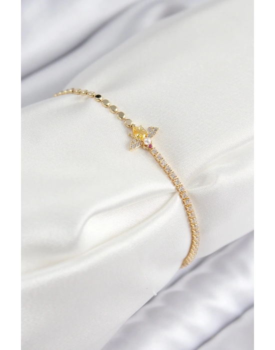 MuI MuI Pirinç Zirkon Taşlı Arı Model Ezme Zincir Gold Renk Kadın Bileklik