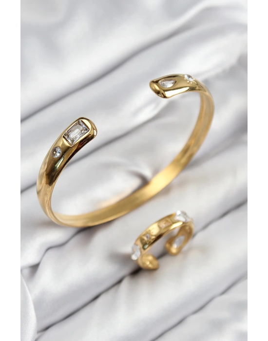 MuI MuI Pirinç Zirkon Taşlı Ayrık Model Gold Renk Bileklik Yüzük Set