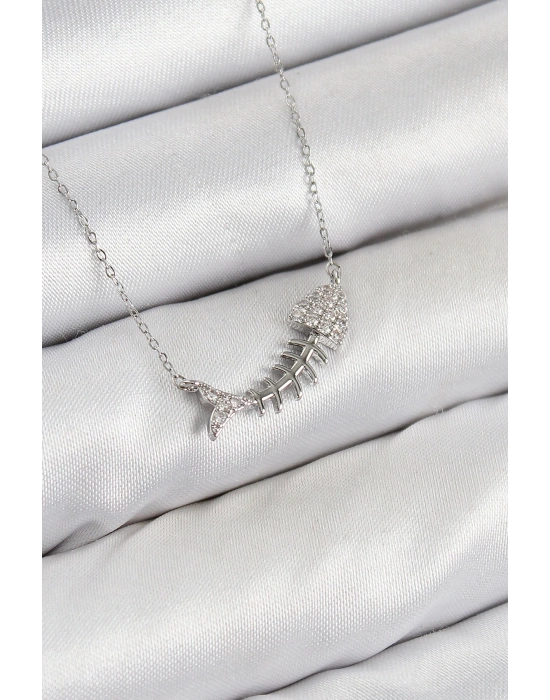 MuI MuI Pirinç Zirkon Taşlı Balık Kılçığı Model Gümüş Renk Kadın Kolye