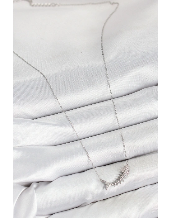 MuI MuI Pirinç Zirkon Taşlı Balık Kılçığı Model Gümüş Renk Kadın Kolye