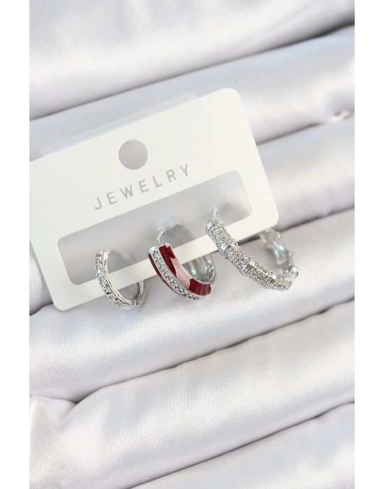 MuI MuI Pirinç Zirkon Taşlı Bordo Pembe Halka Model Gümüş Renk 3lü Çift Kadın Küpe Set