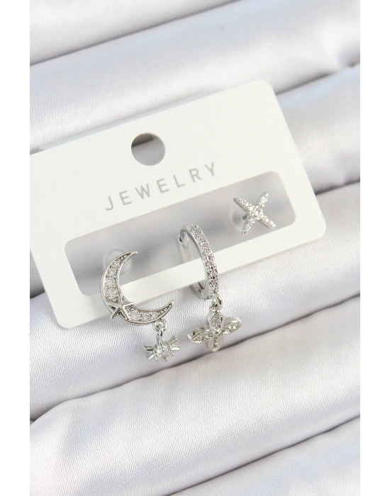 MuI MuI Pirinç Zirkon Taşlı Çiçek Ve Ay Model Gümüş Renk 3lü Çift Kadın Küpe Set