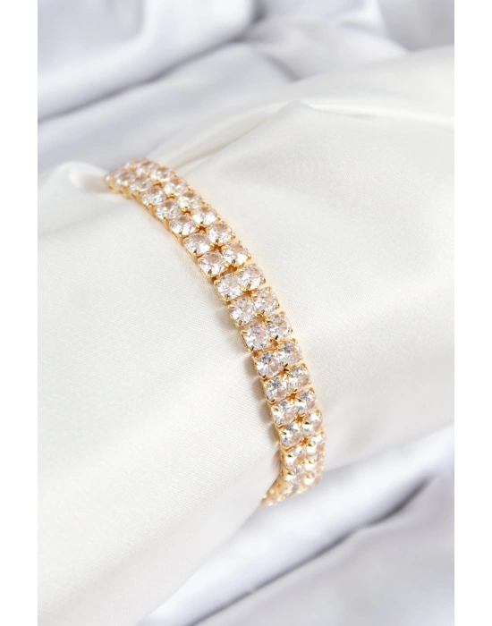 MuI MuI Pirinç Zirkon Taşlı Çift Sıra Kare Model Gold Renk Asansörlü Kadın Bileklik