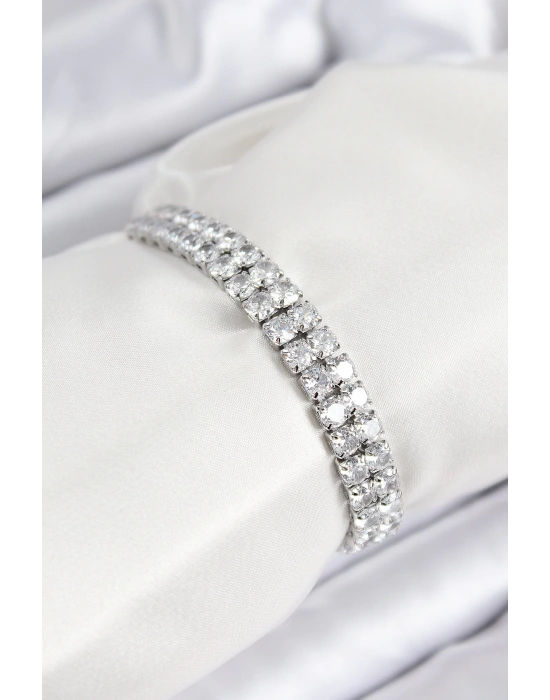 MuI MuI Pirinç Zirkon Taşlı Çift Sıra Kare Model Gümüş Renk Asansörlü Kadın Bileklik