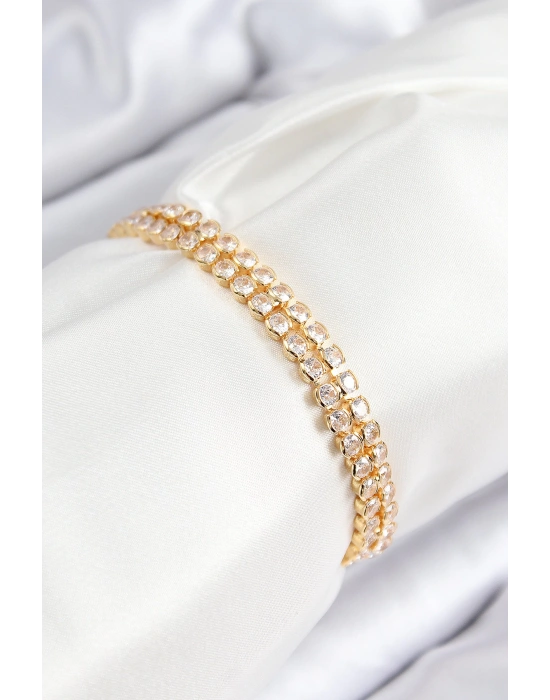 MuI MuI Pirinç Zirkon Taşlı Çift Sıra Model Gold Renk Asansörlü Kadın Bileklik