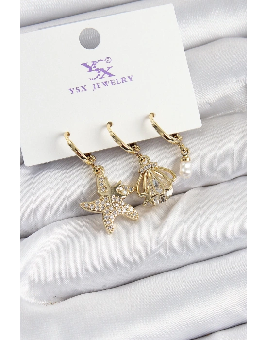 MuI MuI Pirinç Zİrkon Taşlı Deniz Yıldızı Ve İstiridye Model Gold Renk 3lü Kadın Küpe