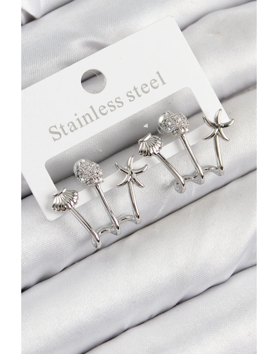 MuI MuI Pirinç Zirkon Taşlı Deniz Yıldızı ve İstiridye Model Gümüş Renk Kadın Küpe