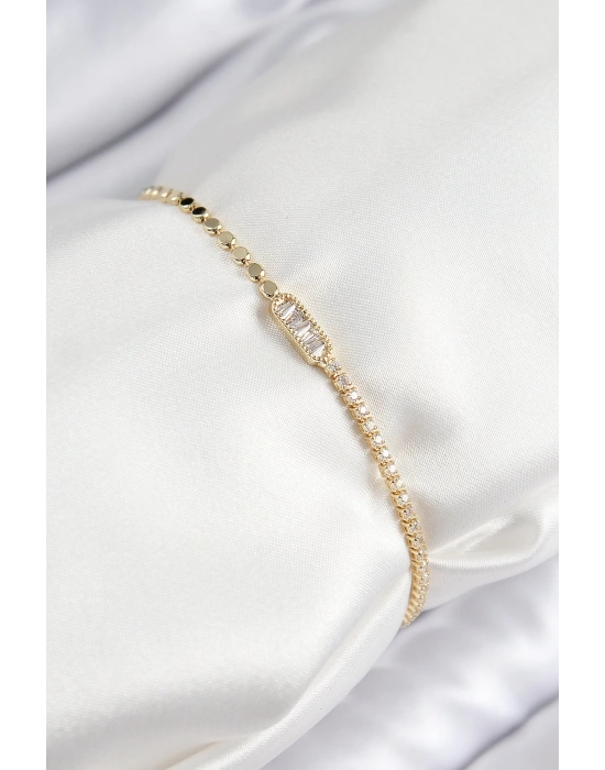 MuI MuI Pirinç Zirkon Taşlı Dikdörtgen Model Ezme Zincir Gold Renk Kadın Bileklik