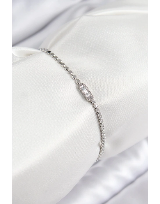 MuI MuI Pirinç Zirkon Taşlı Dikdörtgen Model Ezme Zincir Gümüş Renk Kadın Bileklik