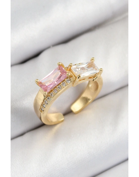 MuI MuI Pirinç Zirkon Taşlı Dikdörtgen Model Gold Renk Kadın Yüzük