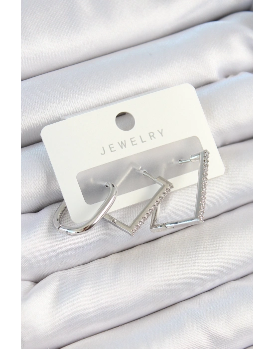 MuI MuI Pirinç Zirkon Taşlı Dikdörtgen Model Gümüş Renk 3lü Çift Kadın Küpe Set