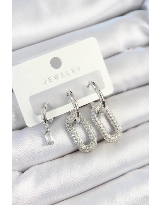 MuI MuI Pirinç Zirkon Taşlı Dikdörtgen Model Gümüş Renk 3lü Çift Kadın Küpe Set