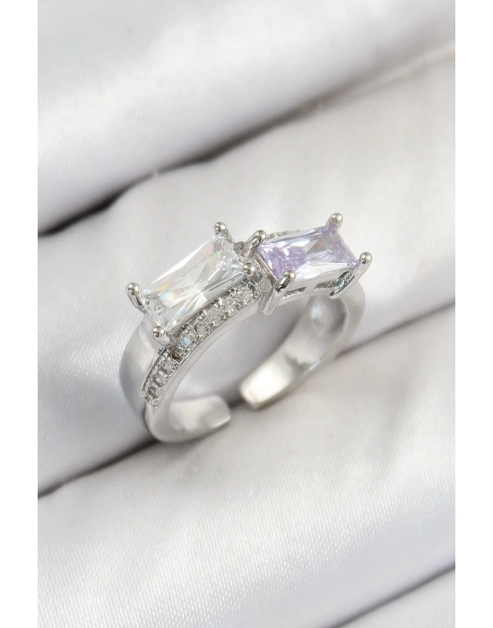 MuI MuI Pirinç Zirkon Taşlı Dikdörtgen Model Gümüş Renk Kadın Yüzük