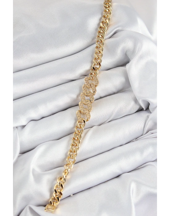 MuI MuI Pirinç Zirkon Taşlı Ezme Küba Zincir Model Gold Renk Kadın Bileklik