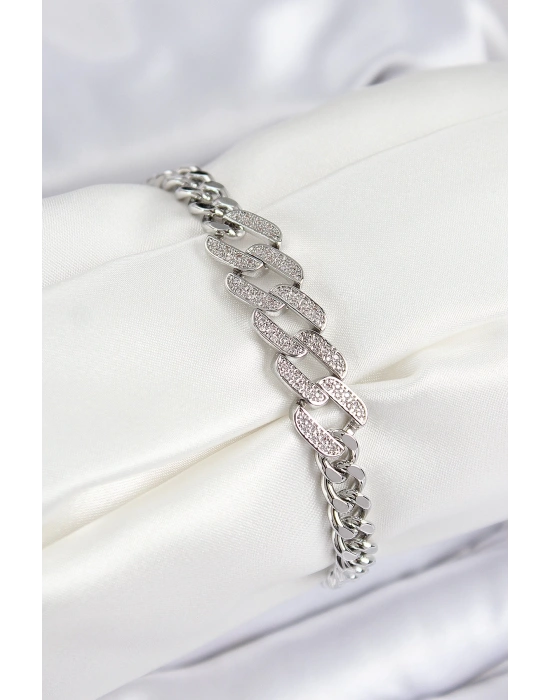 MuI MuI Pirinç Zirkon Taşlı Ezme Küba Zincir Model Gümüş Renk Kadın Bileklik