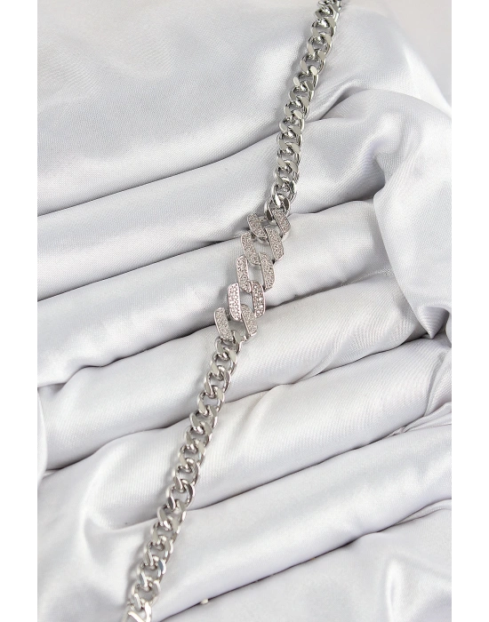 MuI MuI Pirinç Zirkon Taşlı Ezme Küba Zincir Model Gümüş Renk Kadın Bileklik