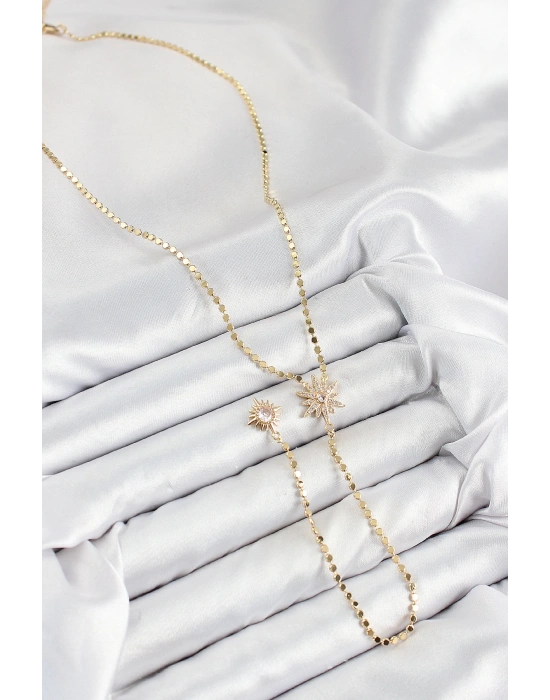 MuI MuI Pirinç Zirkon Taşlı Ezme Zincirli Kutup Yıldızı Model Gold Renk Y Kolye