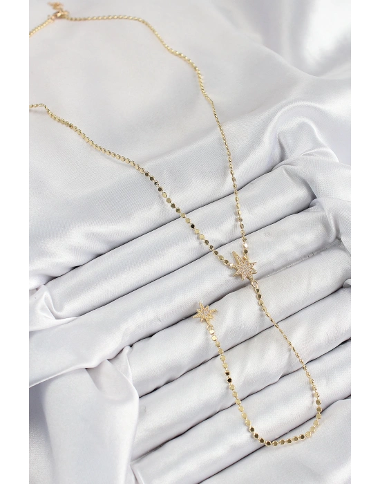 MuI MuI Pirinç Zirkon Taşlı Ezme Zincirli Kutup Yıldızı Model Gold Renk Y Kolye