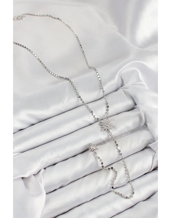 MuI MuI Pirinç Zirkon Taşlı Ezme Zincirli Kutup Yıldızı Model Gümüş Renk Y Kolye