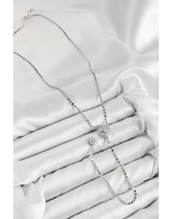 MuI MuI Pirinç Zirkon Taşlı Ezme Zincirli Madalyon Model Gümüş Renk Y Kolye