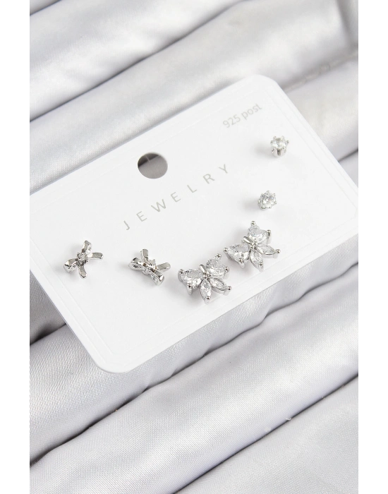 MuI MuI Pirinç Zirkon Taşlı Fiyonk Model Gümüş Renk 925 Ayar Gümüş Çivi Kadın Küpe Set