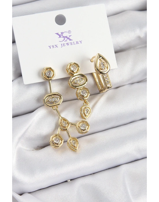 MuI MuI Pirinç Zİrkon Taşlı Geometrik Model Gold Renk 3lü Kadın Küpe