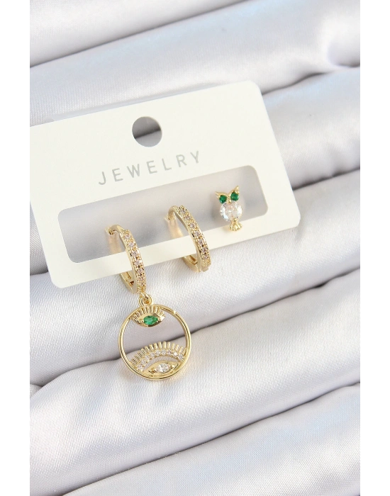 MuI MuI Pirinç Zirkon Taşlı Göz Ve Baykuş Model Gold Renk 3lü Çift Kadın Küpe Set