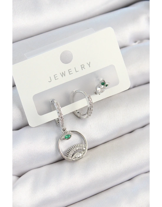 MuI MuI Pirinç Zirkon Taşlı Göz Ve Baykuş Model Gümüş Renk 3lü Çift Kadın Küpe Set