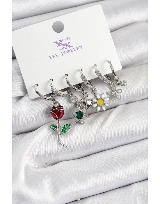 MuI MuI Pirinç Zİrkon Taşlı Gül Ve Papatya Model Gümüş Renk 3lü Çift Kadın Küpe