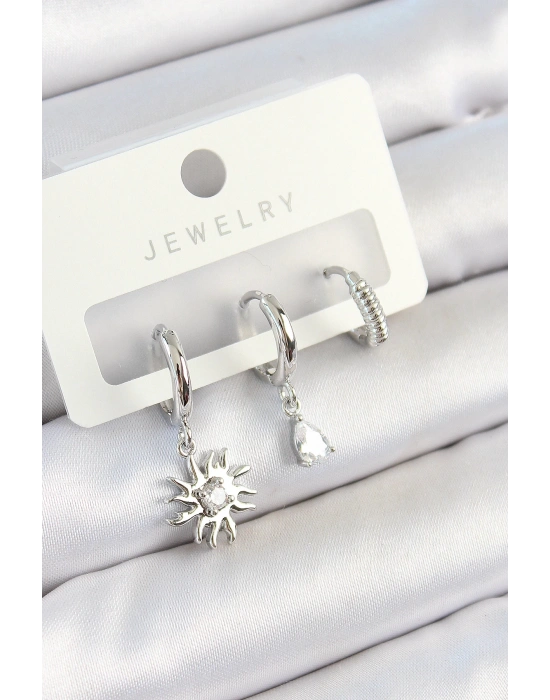 MuI MuI Pirinç Zirkon Taşlı Güneş Model Gümüş Renk 3lü Çift Kadın Küpe Set