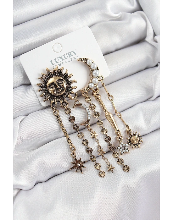 MuI MuI Pirinç Zirkon Taşlı Güneş Ve Ay Figürlü Eskitme Model Sallantılı Küpe