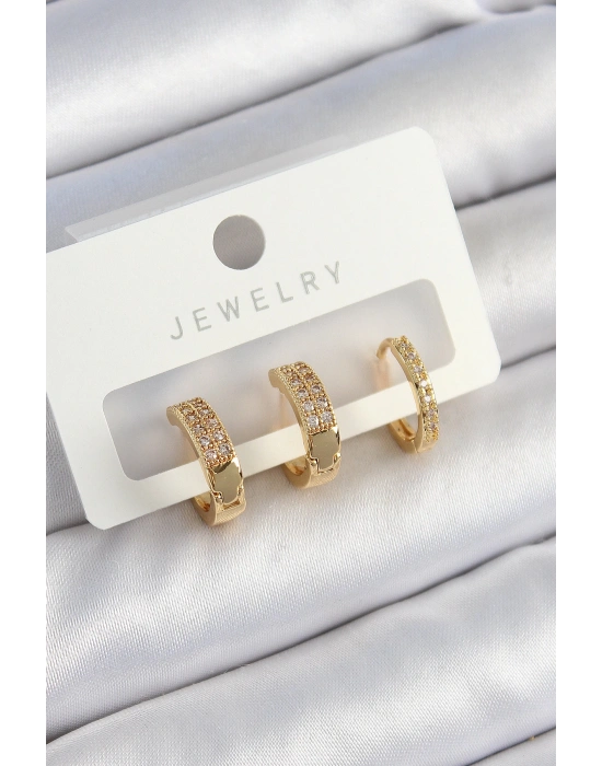 MuI MuI Pirinç Zirkon Taşlı Halka Model Gold Renk 3lü Çift Kadın Küpe Set