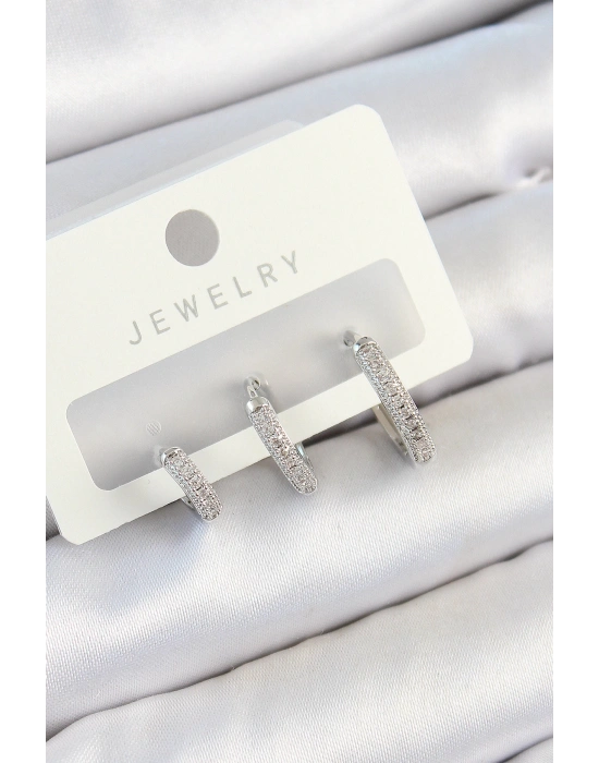 MuI MuI Pirinç Zirkon Taşlı Halka Model Gümüş Renk 3lü Çift Kadın Küpe Set