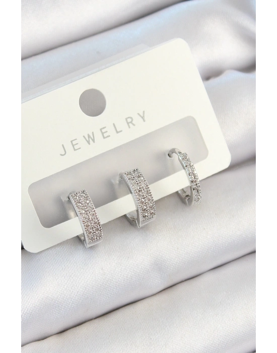 MuI MuI Pirinç Zirkon Taşlı Halka Model Gümüş Renk 3lü Çift Kadın Küpe Set