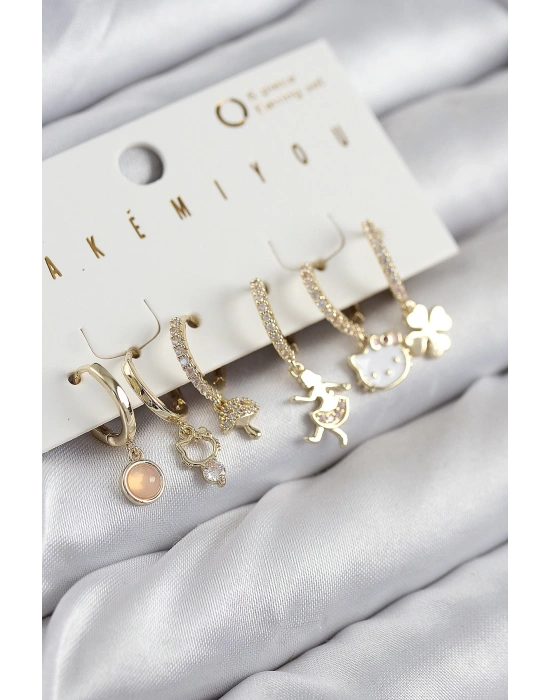 MuI MuI Pirinç Zirkon Taşlı Hello Kity Ve Yonca Model Gold Renk 6lı Küpe Set