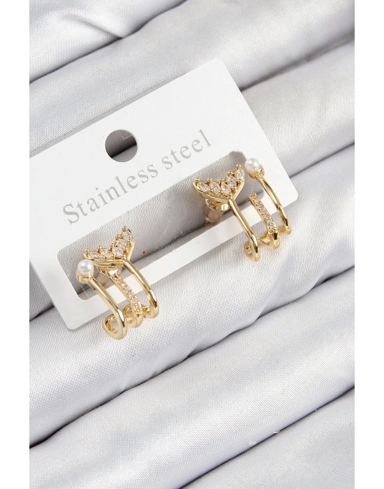 MuI MuI Pirinç Zirkon Taşlı İnci Detaylı Balık Kuyruğu Model Gold Renk Kadın Küpe