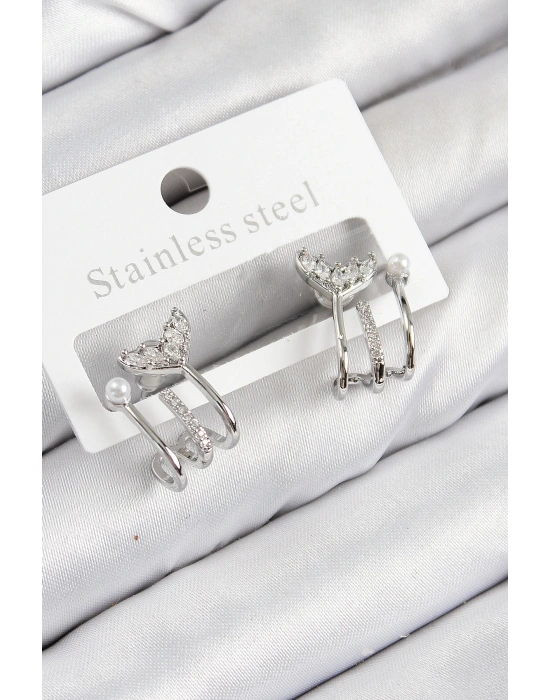 MuI MuI Pirinç Zirkon Taşlı İnci Detaylı Balık Kuyruğu Model Gümüş Renk Kadın Küpe